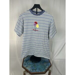 Vintage Premier Sportswear Striped Embroidered Daisy T-Shirt Blue White Large